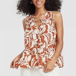a new day Terracotta and White Leaf Print Blouse
